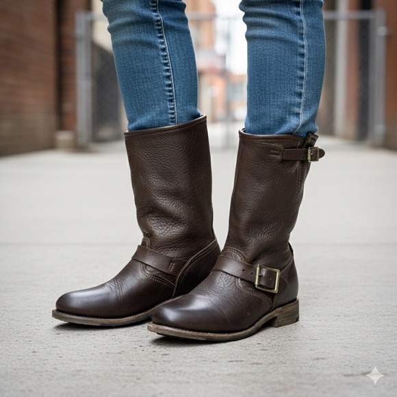 Frye Shoes - Vintage Brown Leather Moto Boots Women's 6 Buckle Made in‎ USA
